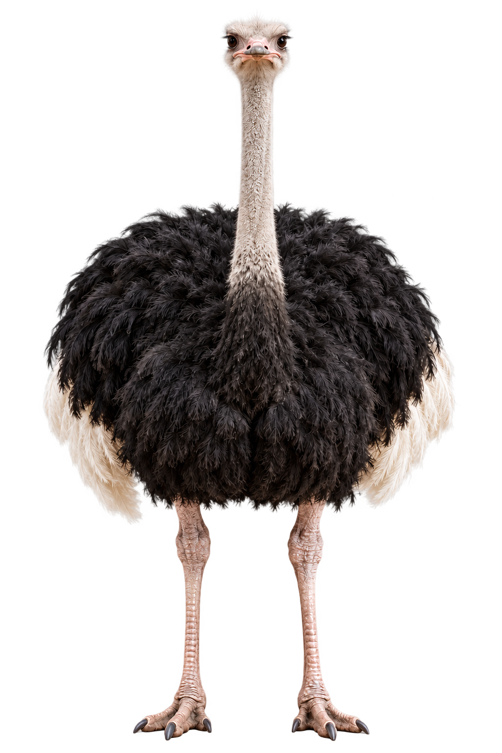 A huge ostrich standing beside a skinny lamppost. Its entire body will still be visible when it hides.